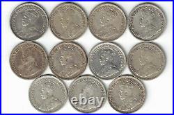 11 X Canada Ten Cents Dimes King George V. 800 Silver Coins 1920 -1936 Canadian