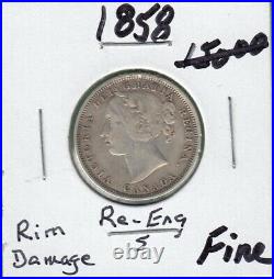 1858 Canada 20 Cents Silver Coin Re-Engraved 5 Fine (Rim Damage)