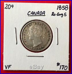 1858 Re-Eng 5 20 Cents Canada Silver Twenty Cents Coin $170 VF