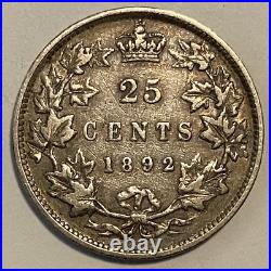 1892 Canada 25 Cents Quarter Dollar Silver Coin Queen Victoria