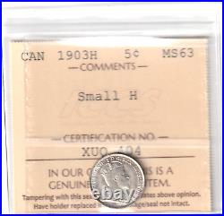 1903-H Canada 5 Cents Silver Coin Small H ICCS Graded MS-63