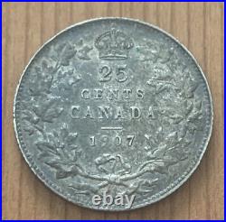 1907 Canada 25 Cents Edward VII Silver Quarter Coin