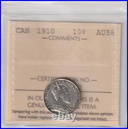 1910 Canada 10 Cents Silver Coin ICCS Graded AU-58