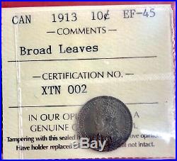 1913 Broad Leaves Canada Silver 10 Cent Dime Coin ICCS EF-45 Undergraded