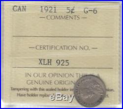 1921 Canada Five Cents Key Date Silver Coin ICCS G-6