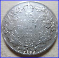 1927 Canada Silver Twenty-Five Cents Coin. KEY DATE QUARTER (RJ975)