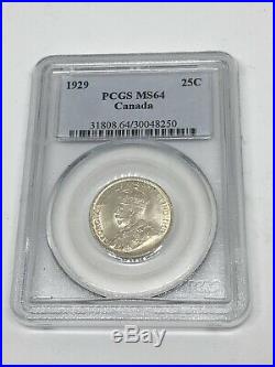 1929 Canada 25 C CENTS SILVER Coin KING GEORGE PCGS MS 64! RARE