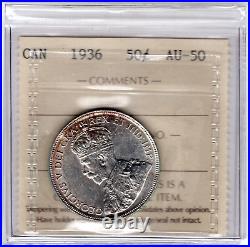 1936 Canada 50 Cents Silver Coin ICCS Graded AU-50