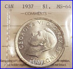 1937 CANADA $1 King George VI Silver One Dollar Coin ICCS Graded MS64