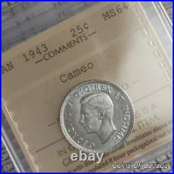 1943 Canada Silver 25 Cents Coin ICCS MS 64 Cameo Outstanding #coinsofcanada