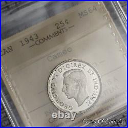 1943 Canada Silver 25 Cents Coin ICCS MS 64 Cameo Outstanding #coinsofcanada