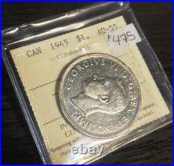 1945 $1 Silver Dollar Coin Canada ICCS AU-55 Better Date