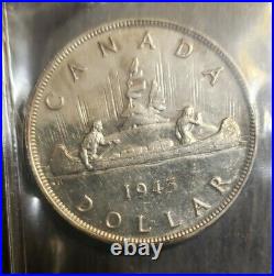 1945 $1 Silver Dollar Coin Canada ICCS AU-55 Better Date