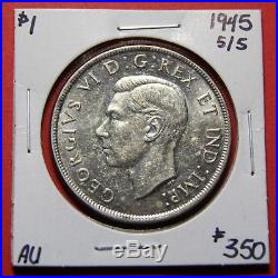 1945 5/5 Canada Silver One Dollar Coin BI381 $350 AU Key Date