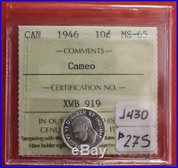 1946 Canada Silver 10 Cent Dime Coin J430 $275 ICCS MS 65 Cameo
