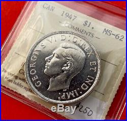 1947 Blunt 7 Canada 1 Dollar Silver Coin One Dollar $250 ICCS MS-62
