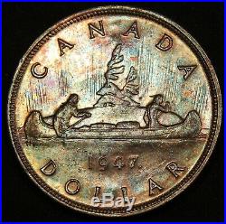 1947 ML Canada Silver Dollar Maple Leaf. Colorfully Toned. Rare Key Date coin