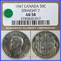1947 Silver 50c Canada 50 Cents Straight 7 NGC AU 58 About Unc Coin