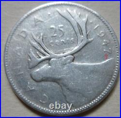 1947 dot Canada Silver Twenty-Five Cents Coin. Key Date Quarter 25 cents (RJ869)