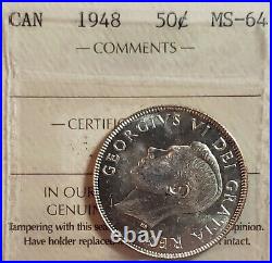 1948 CANADA 50c Silver Half Dollar Coin QEII ICCS Graded MS64 KEY DATE
