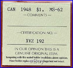 1948 Canada 1 Dollar Silver Coin One Dollar $2400 ICCS MS-62 Key Date
