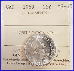1959 CANADA 25c Silver Quarter Coin QEII ICCS Graded MS65
