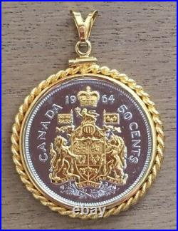 1964 Queen Elizabeth II Fifty Cent Coin Necklace Pendant with Gold Embellishment