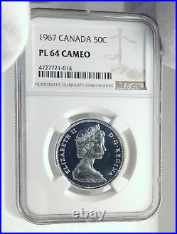 1967 CANADA UK Queen ELIZABETH II Wolf Howls Old Silver 50 Cents Coin NGC i77271