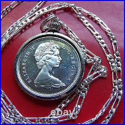 1967 SILVER CANADA LYNX COIN Pendant 26mm diam. On 24 925 Sterling Silver Chain
