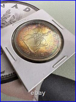 1973 Canadian Silver Dollar Coin Rainbow Colourfully Toned Specimen