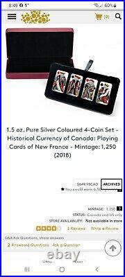 1.5 oz. Pure Silver Coloured Coins X4 Playing Cards of New France RARE