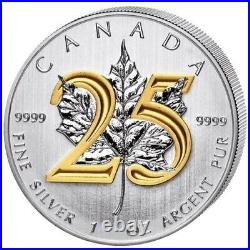 2013 1 oz Silver Coin Maple Leaf 25th Anniversary Plated Gold 24k