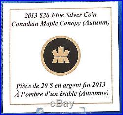 2013 $20 Canadian Maple Canopy in Autumn. 9999 Pure Silver Color Proof Coin