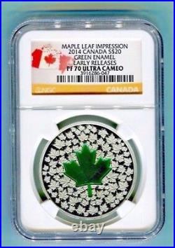 2014 Canada Maple Leaf Impression Green Enamel $20 1 oz Silver NGC PF70 ER Proof