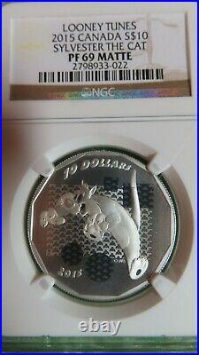 2015 Canada $10 Looney Tunes Sylvester PF 69 Matte. 9999 Silver Coin