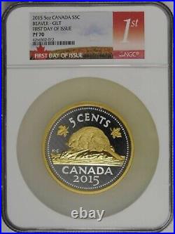 2015 Canada 5oz Big Coin Beaver First Day of Issue Silver Gilt NGC PF70 Proof