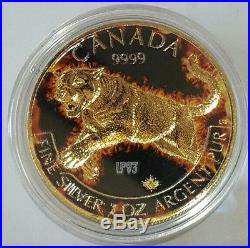 2016 1 Oz Silver Canadian Cougar Coin 999 Gold Gilded Colorized Fire. (Box N Coa)