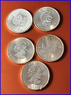 2016 Canadian 5$ Maple Leaf 1 oz Brilliant Uncirculated Lot Of 5 Silver Coins