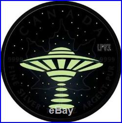 2017 1 Oz Silver $5 UFO, GLOW IN THE DARK Maple Leaf Coin, With Black Ruthenium