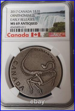 2017 Ancient Canada Ornithominus $20 Silver Coin Antique Finish Dinosaur MS69