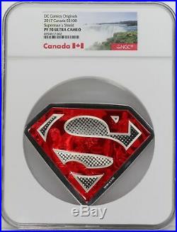 2017 Canada Superman Shield DC Comics Silver $100 Coin NGC PF70 Certified JC114