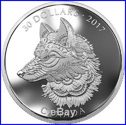 2017 Canada Zentangle Art, Great Grey Wolf $30 2OZ Pure Silver Coin. Mintage4000