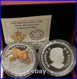 2017 Cougar Leaping Canada Cat $20 1OZ Pure Silver Three-Dimensional Proof Coin