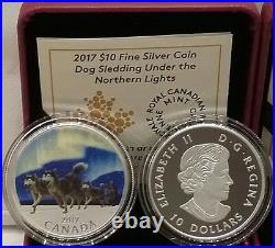2017 Under Northern Lights $10 1/2OZ Pure Silver Proof Coin Canada Dog Sledding
