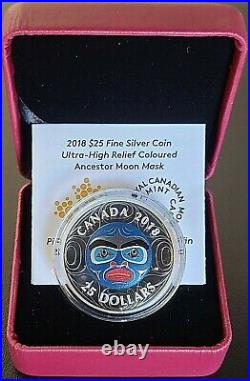 2018 Canada $25 Pure Silver Coin Ultra High Relief Coloured Ancestor Moon Mask