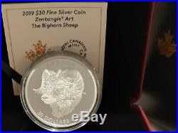 2019 Bighorn Sheep Zentangle Art $30 2OZ 62.69gram Pure Silver Proof Coin Canada