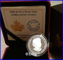 2019 Scorpio Zodiac $5 1/4OZ Pure Silver Proof Canada 27mm Coin with Crystal