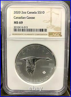 2020 Canada $10 Canadian Goose 2 oz. 9999 Silver Coin NGC MS 69
