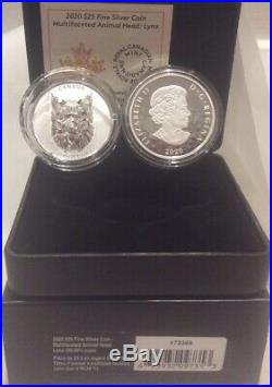 2020 Lynx Multifaceted Animal High Relief Head $25 1OZ Pure Silver Coin Canada
