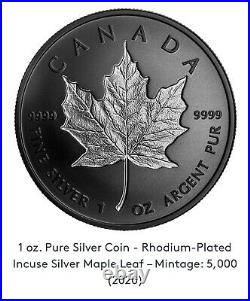 2020 Maple Leaf $20 Rhodium-Plated Double-Incuse Pure Silver Proof Coin Canada